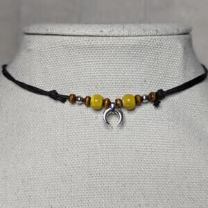 Tiny Crescent Moon Charm Yellow Ceramic Bead Boho Whimsical Y2K Choker Necklace
